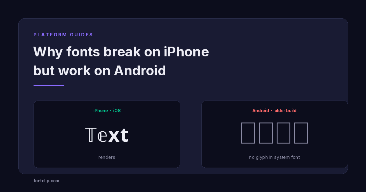 The same styled word rendering on iPhone and as empty boxes on older Android