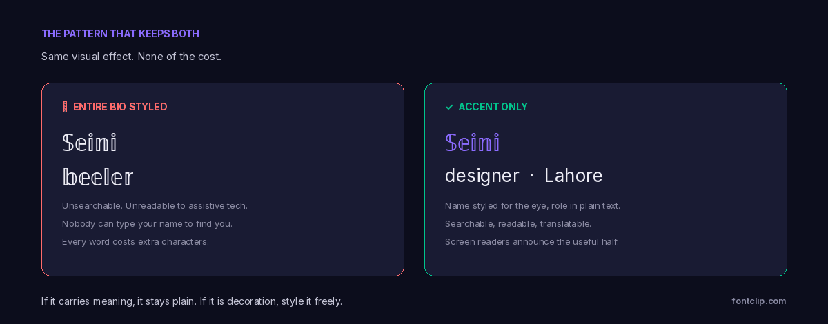 Comparison of a fully styled bio against one where only the name is styled and the role remains in plain text