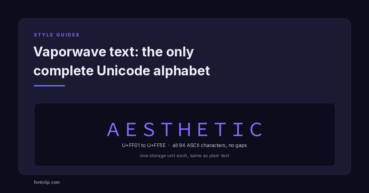 The word AESTHETIC in fullwidth Unicode characters with the block range and cost noted beneath